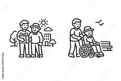 Elderly care icons: caring for seniors outdoors