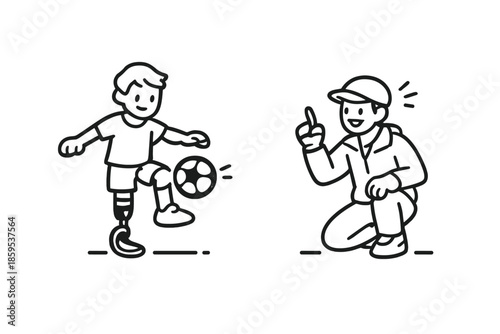 Boy with prosthetic leg practicing soccer with coach