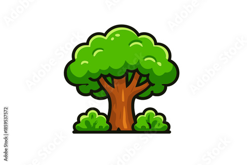 Stylized Tree Icon with Bushes on a Green Gradient Background