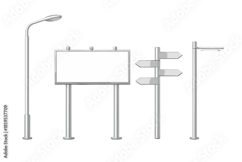 Blank advertising billboards and street signs in grayscale