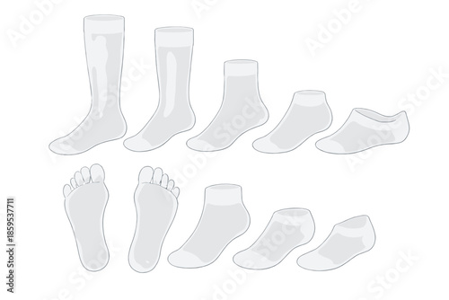 Collection of white socks in various lengths and two bare feet