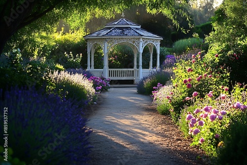 A serene escape to a whimsical white gazebo nestled within a blooming garden with a winding path in soft afternoon light