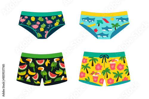 Four pairs of novelty underwear with tropical and summer-themed patterns