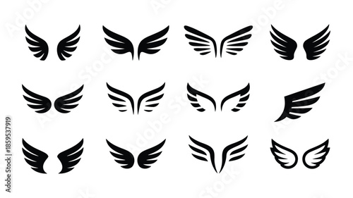 Wings icons set, flying, bird, angel, flight, wing symbol on white background, illustrating freedom, aviation, celestial themes, angelic icons and modern vector graphics for creative projects.