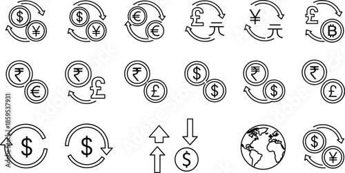 Currency, exchange, outline, icons, set, global, money, conversion, finance, symbols, dollar, euro, pound, yen, rupee, bitcoin, economy, vector, illustration, collection