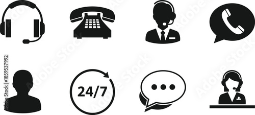 Customer support icon set illustration, call center service symbols, headset phone chat icons, 24/7 help desk, communication assistance, business contact, flat vector