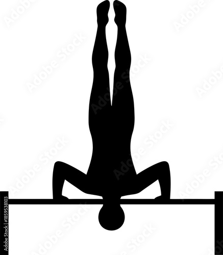 Man doing an upside down elbow stand on a horizontal bar. Strength, balance, and workout concept. Black silhouette vector illustration for icon, symbol, logo