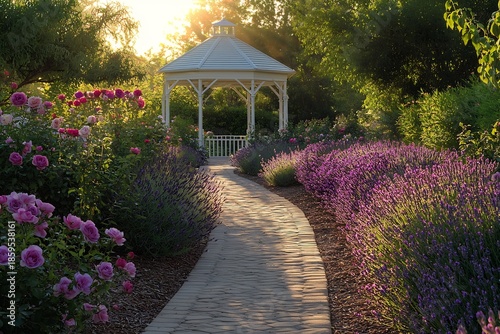 Strolling toward serenity down a flower lined path to a gazebo bathed in golden sunlight and kissed by gentle shadows