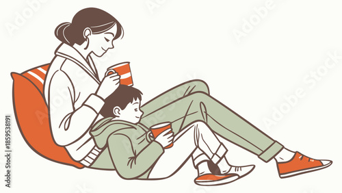 Mother and child relaxing together on a bean bag chair.