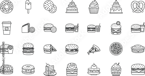 Fast food and dessert icon set illustration, burgers pizza donuts cakes snacks collection, bakery sweets street food, outline vector design