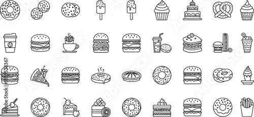 Fast food and dessert icon set illustration, burgers pizza donuts cakes snacks collection, bakery sweets street food, outline vector design