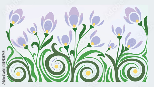 Vibrant floral pattern with swirling green stems and purple flowers