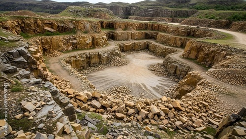 An intricate terraced stone quarry showcases organized rock extraction.