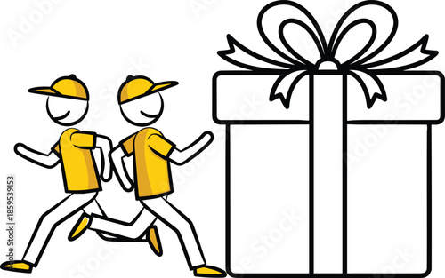 Gift delivery illustration, fast courier service running with package, surprise reward concept, customer loyalty promotion, express shipping, bonus offer, flat vector