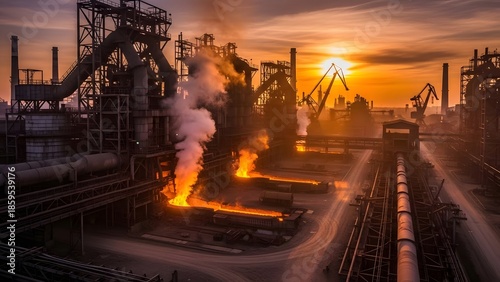 A large industrial factory complex operates at sunset with smoke and flames.