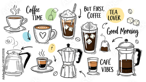 Sketch set of coffee drinks brewing apparatus and handwritten phrases related to caffeine
