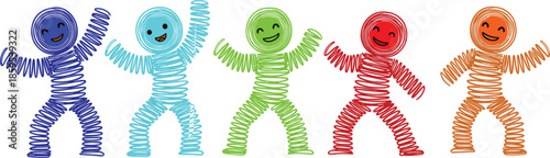 Happy spring people illustration, colorful joyful characters dancing, fun teamwork unity concept, positive energy emotion, creativity happiness, playful community, flat vector