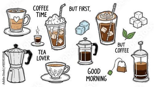 Assortment of coffee and tea beverages with brewing equipment handwritten text elements