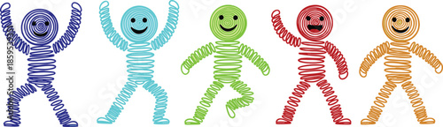 Happy colorful spring people illustration, joyful smiling characters dancing together, fun teamwork unity concept, positive energy emotion, creativity happiness, playful flat vector