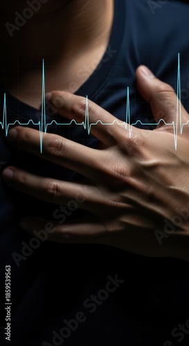 Heartbeat chest emergency cardiology pulse A person clutching chest with an electrocardiogram waveform overlay conveying urgent fear and medical alarm