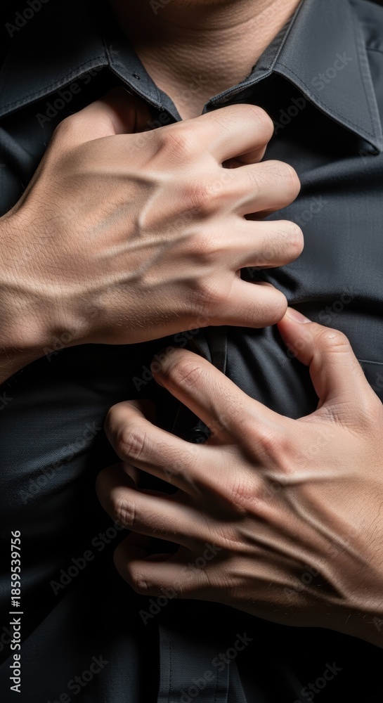 Obraz premium Tension anxiety grip to clutch hand stress A close-up hands gripping a dark shirt over the chest conveying intense emotion and physical strain