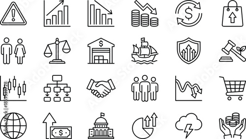Economy and global trade icon set featuring financial market trends business growth charts world commerce logistics legal system symbols bankruptcy risk and currency exchange.