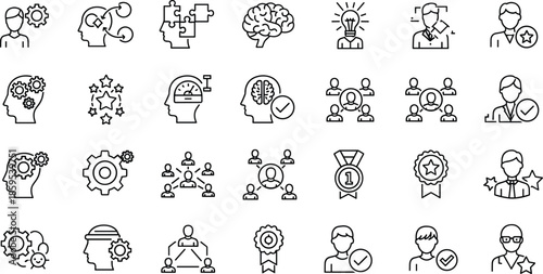 Leadership, skills, mindset, outline, icons, set, creativity, innovation, teamwork, strategy, thinking, management, success, network, achievement, business, symbols, vector, illustration, pack