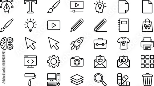 Graphic design icons set for creative agency digital marketing branding tools photography video production art studio education web development office business and freelance projects