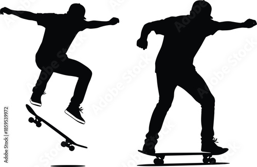 Silhouette of a skateboarder performing an ollie jump and riding a skateboard, extreme sports action illustration, urban youth lifestyle street culture vector,