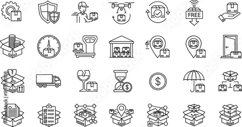Logistics, delivery, outline, icons, set, shipping, warehouse, supply, chain, courier, tracking, packaging, freight, transport, ecommerce, service, symbols, vector, illustration, pack
