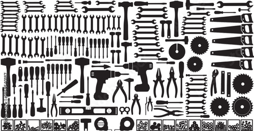 A comprehensive collection of essential tools, neatly arranged, presenting a wide array of instruments for various construction and repair tasks. Each tool, rendered in monochrome.
