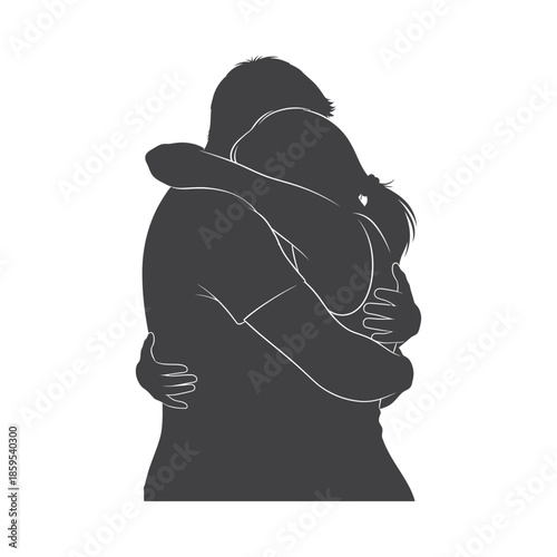 Illustration of silhouette of a man and a little boy hugging each other from behind, valentine love silhouette vector