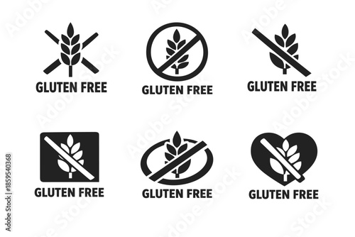 A set of 6 minimalist black and white icons for labeling products as GLUTEN FREE.