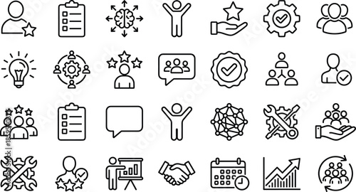 Leadership and Success Line Icons Set for Business Management Human Resources Professional Growth Teamwork Achievement Performance Rating Career Development Project Planning Goal Setting and 