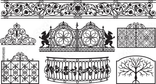 An artistic selection of decorative ironworks, intricate patterns, ornate designs, and the timeless elegance of wrought iron, showcasing the detailed artistry of craftmanship.
