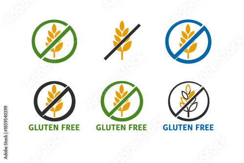 Minimalist icons for labeling products as GLUTEN FREE. Based on the silhouette of a wheat ear with a diagonal line (crossing), symbolizing the absence or prohibition of gluten.