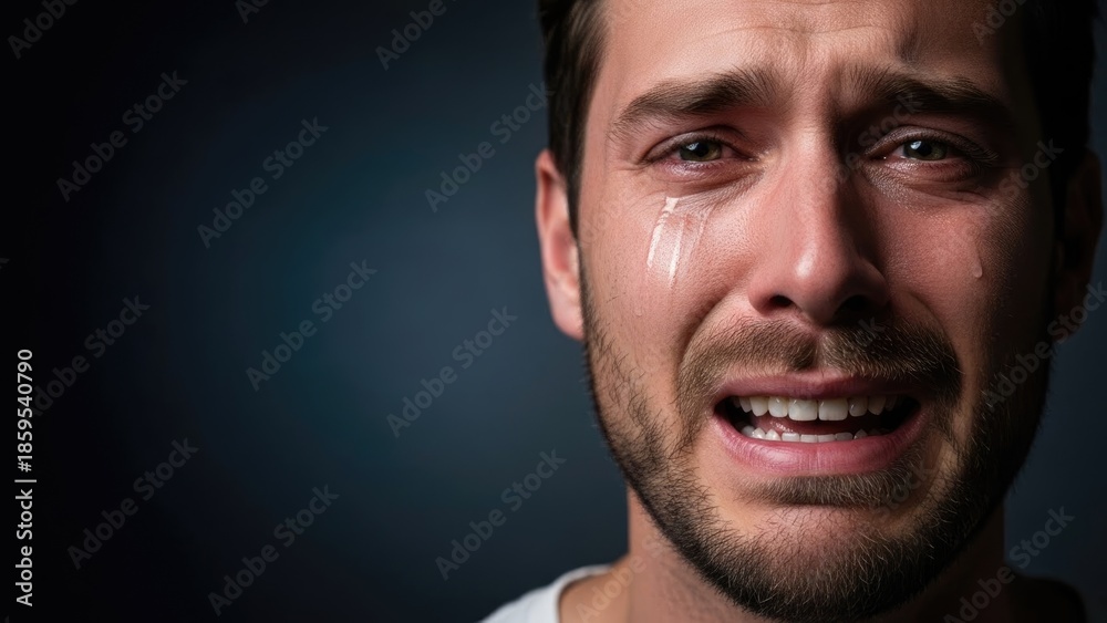 Fototapeta premium Man crying and smiling with tears on face 1