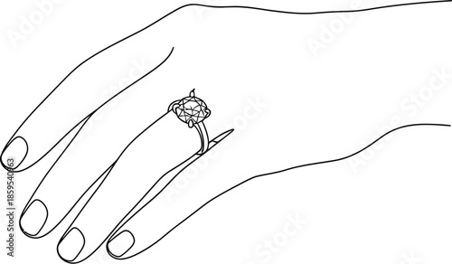 Elegant line art drawing of a hand wearing a detailed diamond engagement ring on the ring finger
