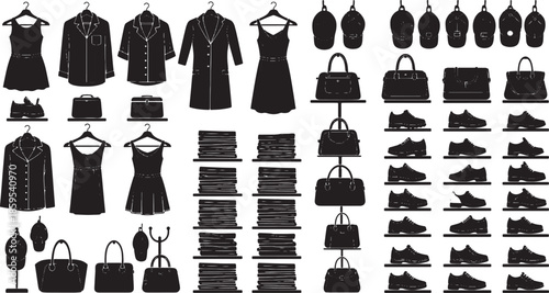 A detailed assortment of fashion, showcasing a variety of garments, accessories, and footwear. A minimalistic image, focusing on shape and form. 
