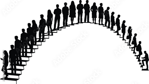 Silhouette of diverse people standing on an ascending and descending staircase arch representing the human life cycle, aging process, and career path,