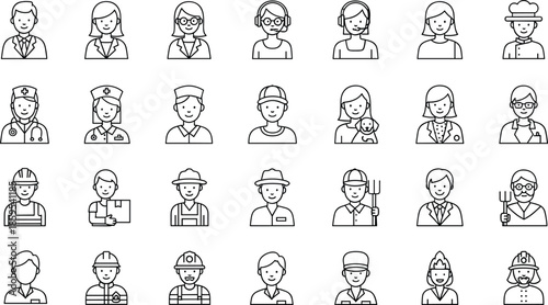 People profession avatar icons set, diverse workers doctors nurses farmers service staff, outline vector illustration for UI UX design projects