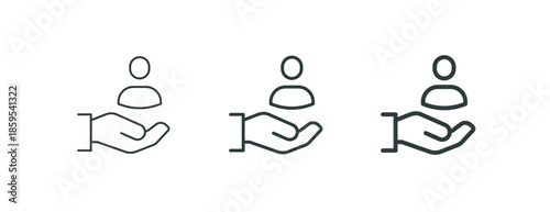 Patient support, employee help, safety client thin outline icon. Minimalist line sign hand retention human symbol. Vector isolated pictogram for web and app.