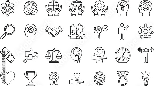 Personal development icon set illustration, motivation leadership mindset symbols, success growth psychology concepts, achievement values ideas, self improvement strategy, outline flat vector