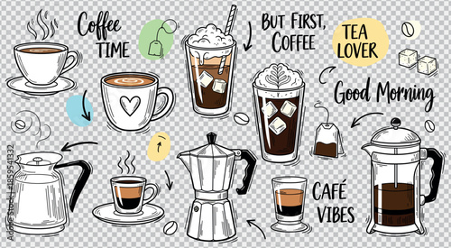 Coffee shop hand drawn doodle icons collection with hot beverages and espresso machine set