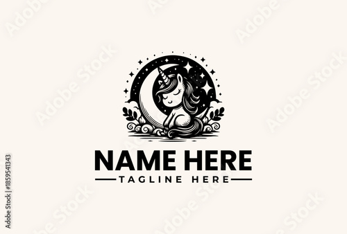 A black and white illustration of a cat sitting on a crescent moon with stars, surrounded by foliage and text space for a logo or icon, against a plain background.