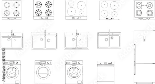 Detailed line drawing of home appliances, capturing the essence of kitchen and laundry room essentials. This array of illustrations showcases the key components.