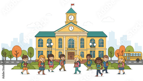 Group of Diverse School Children Walking Together.