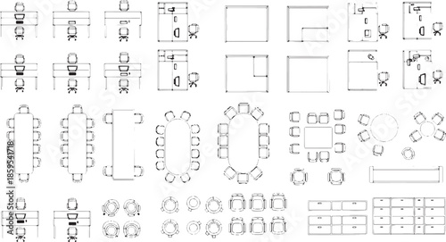 Blueprint of furniture layouts, featuring various tables and seating arrangements, with precision and clarity. Perfect for architects, designers.