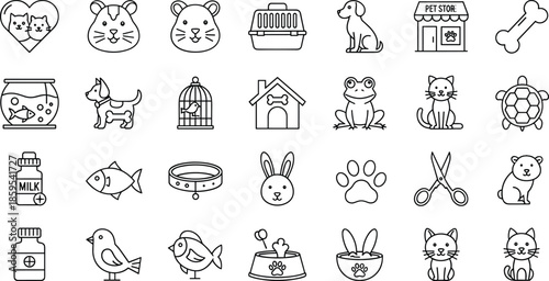 Pet care icon set illustration, cute animals veterinary food grooming symbols, dog cat rabbit fish supplies, pet store elements, outline flat vector