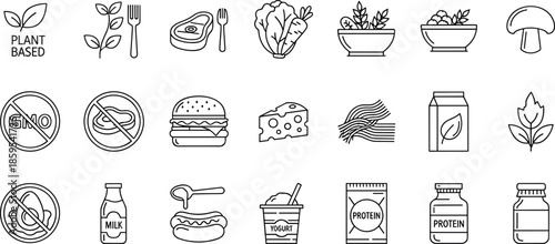 Plant Based Food and Nutrition Line Icons Set, Vegan Organic Diet Healthy Eating GMO Free Dairy Protein Symbols, Vector Illustration
